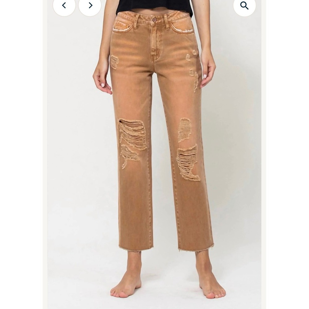 Vervet Distressed High Rise Straight Crop Jeans - Tan Brown, Size 31